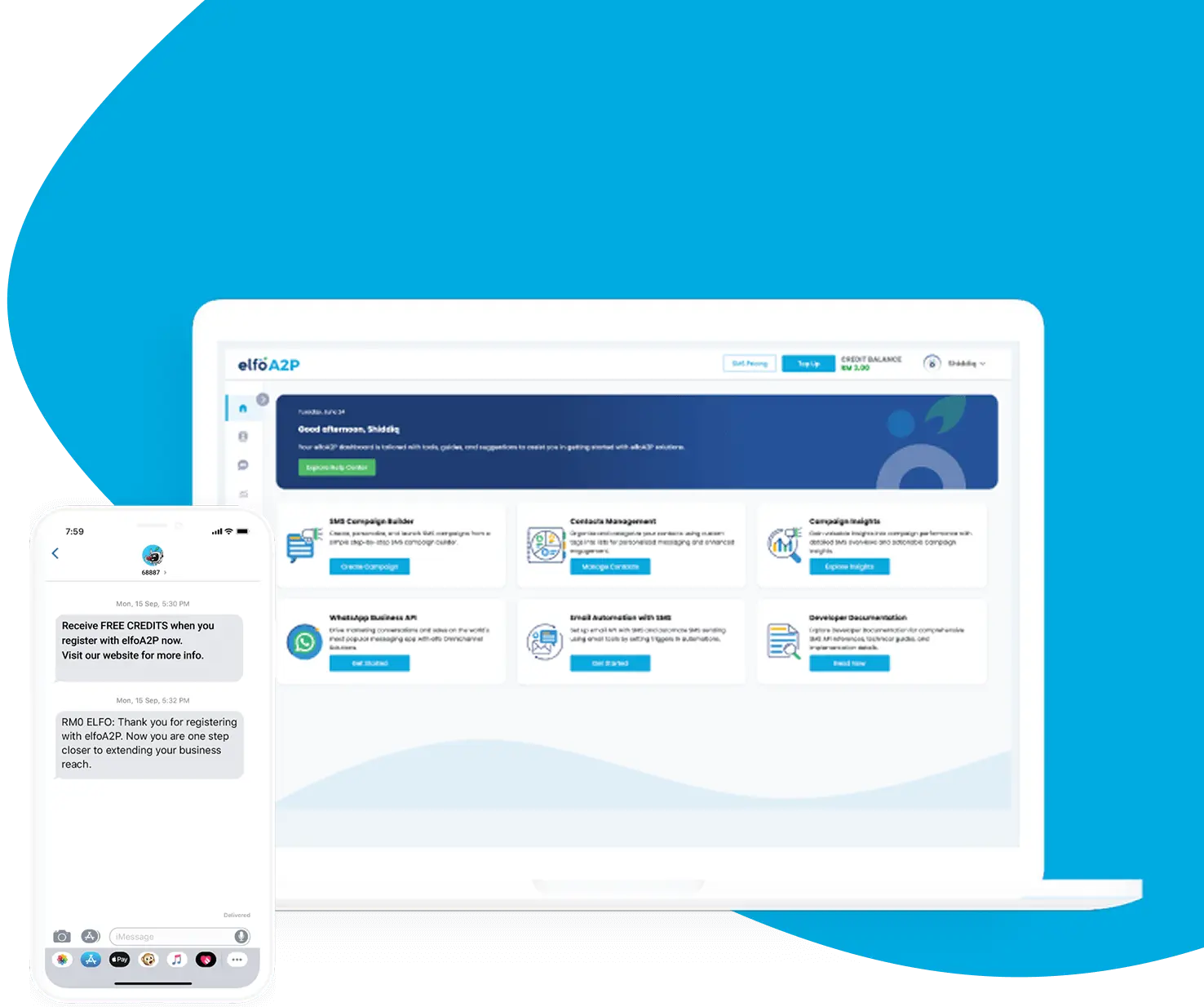 elfo A2P messaging dashboard and mobile preview