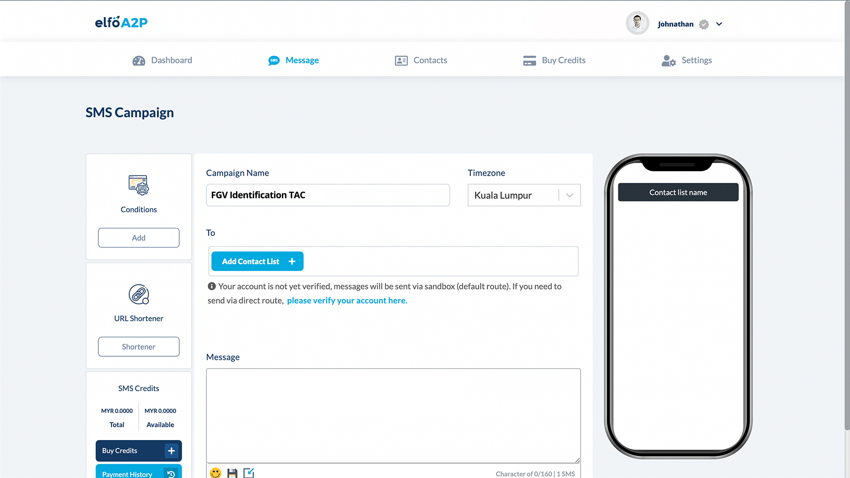 elfoA2P SMS campaign dashboard